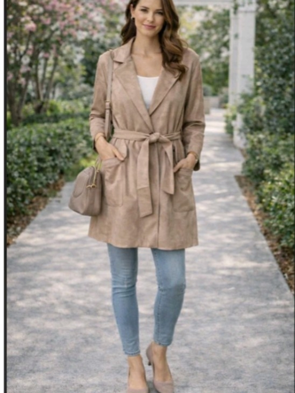 T Tahari Taupe Tie-Waist Trench Coat, Large